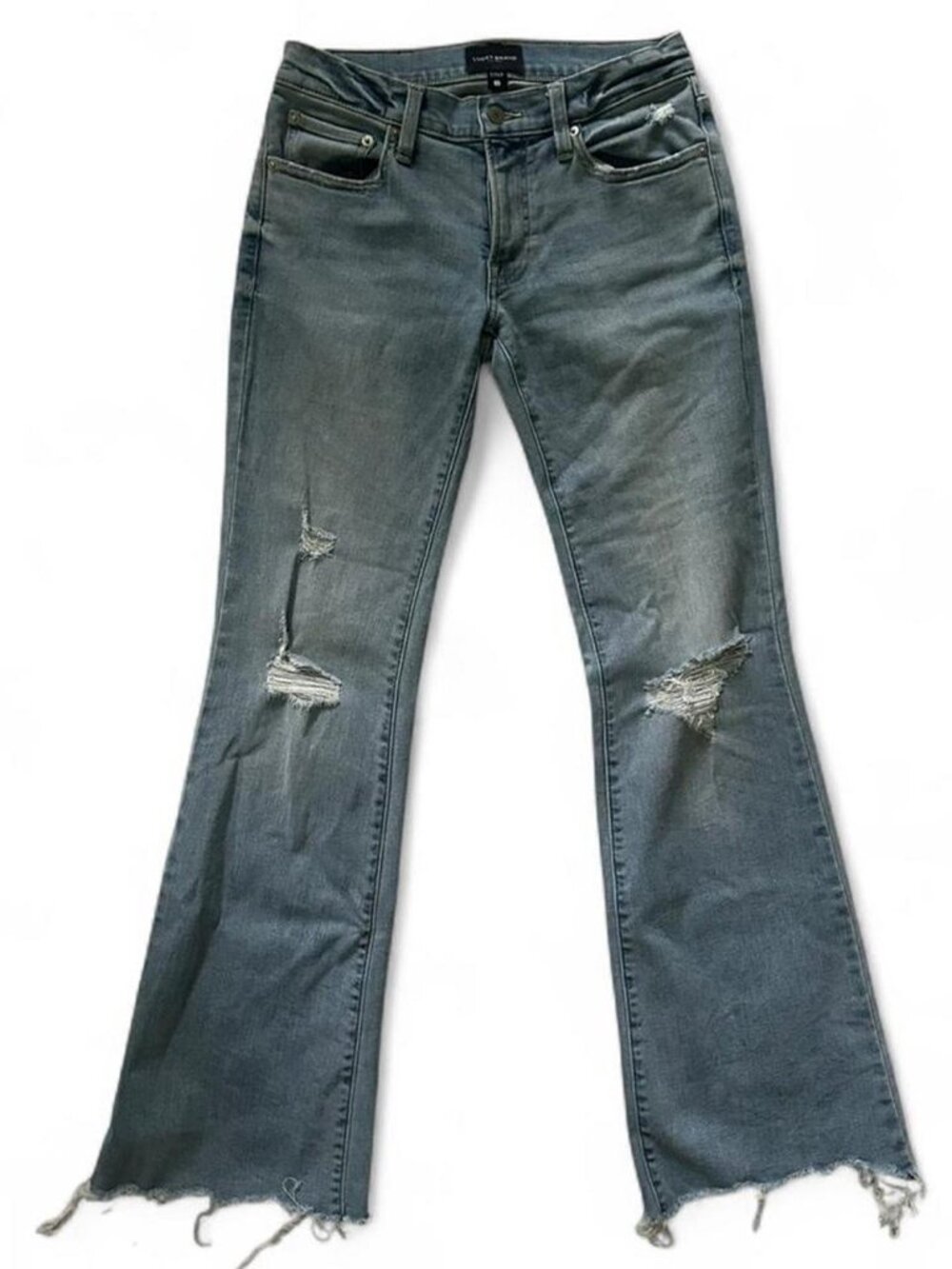 Lucky Brand blue bootcut jeans with distressed details, ripped knees and hem.